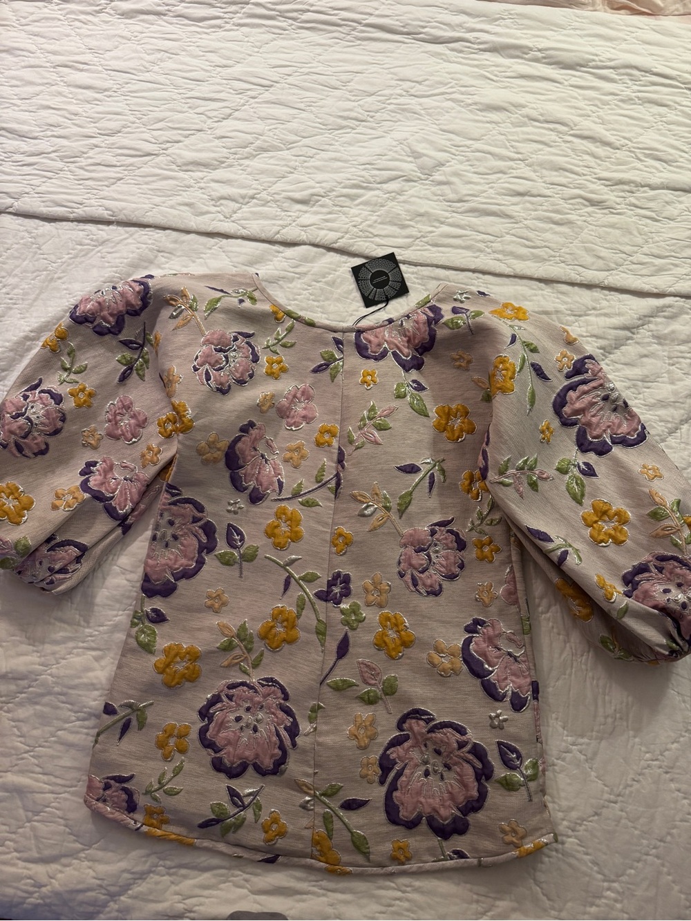 Arianne Elmy White &Purple Good Luck Dress Jacquard puffed sleeves metallic